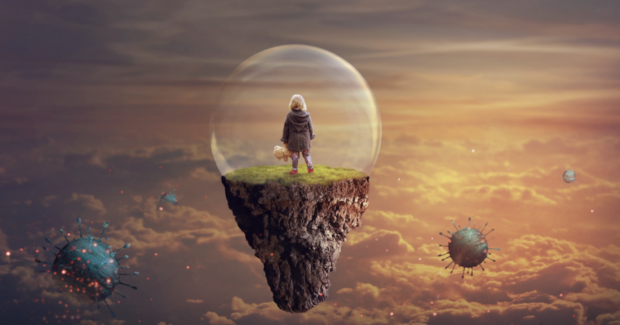 Kind alleen op de wereld. Op afbeelding kind in een glazen Boll geïsoleerd uitkijkend over landschap. Ouder haalt geld van spaarrekening kind na overlijden andere ouder, beschermen BEM clausule