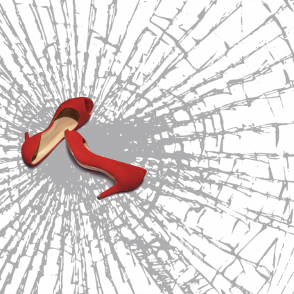 Huiselijk geweld dat uitgebeeld wordt in rode pumps en gebroken glas
