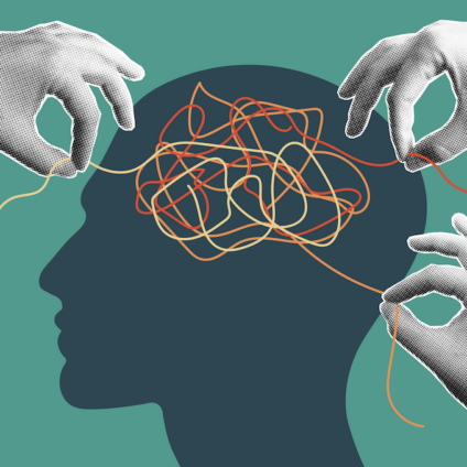 Illustratie van een silhouet van een hoofd met verwarde draden in het brein, terwijl meerdere handen proberen de knoop te ontwarren – symbool voor conflict, scheiden en mediation.