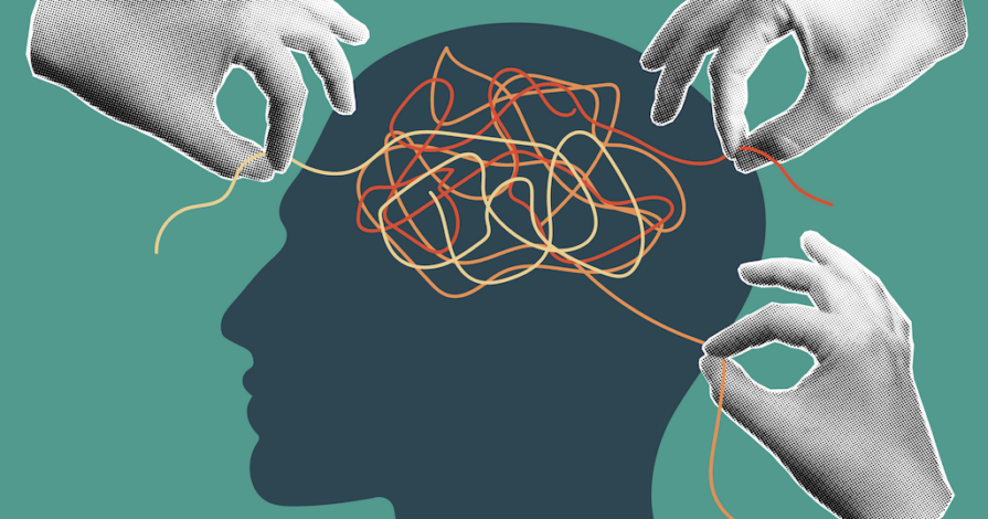 Illustratie van een silhouet van een hoofd met verwarde draden in het brein, terwijl meerdere handen proberen de knoop te ontwarren – symbool voor conflict, scheiden en mediation.