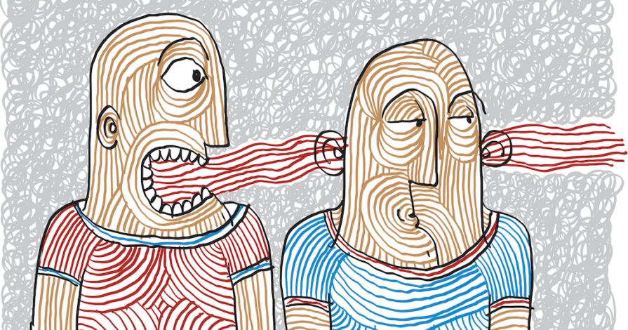 Illustratie van twee figuren waarbij één persoon rode lijnen uit de mond schreeuwt terwijl de ander de woorden inslikt – metafoor voor escalatie in communicatie tijdens een scheiding en het belang van caucus in mediation.