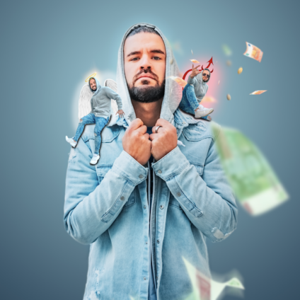 Man met twee innerlijke stemmen op schouders, symbool voor normen en waarden bij scheiden en innerlijke strijd tussen blijven en kiezen voor jezelf