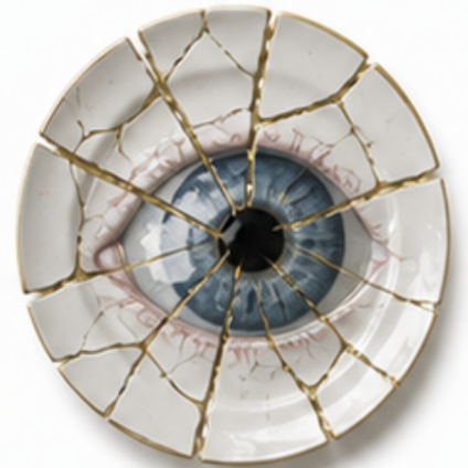 Bord met blauw oog in stukken gebroken met gouden kintsugi lijnen bij scheiding in Capelle aan den IJssel