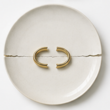 Bord met gebroken gouden trouwring op de scheur als symbool voor scheiding in Driebruggen