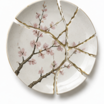 Bord met roze kersenbloesem in stukken met gouden kintsugi lijnen bij scheiding in Fijnaart