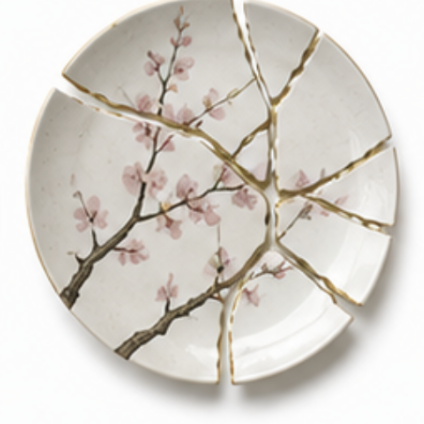 Bord met roze kersenbloesem in stukken met gouden kintsugi lijnen bij scheiding in Fijnaart