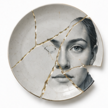 Bord met zwart-wit vrouwenportret in stukken en gouden kintsugi lijnen bij scheiding in Goudswaard
