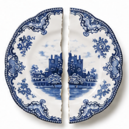Klassiek blauw bord met kasteel en sierlijke rand doormidden gebroken bij scheiding in Haastrecht