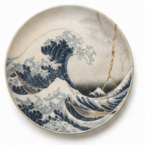 Bord met grote golf en gouden kintsugi scheur als beeld bij scheiding in Heijningen