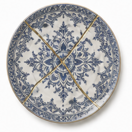 Blauw ornamenteel bord met gouden kintsugi kruislijnen als symbool voor scheiding in Heinenoord