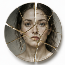 Bord met vrouwenportret in stukken met gouden kintsugi lijnen als beeld bij scheiding in Hoeksche Waard