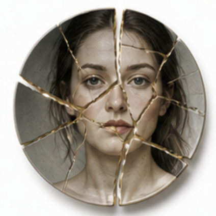 Bord met vrouwenportret in stukken met gouden kintsugi lijnen als beeld bij scheiding in Hoeksche Waard