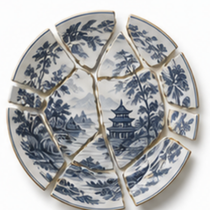 Klassiek blauw Chinees landschapsbord in stukken met gouden randen bij scheiding in Lage Zwaluwe