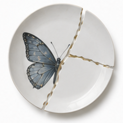 Wit bord met blauwe vlinder en gouden kintsugi scheur als symbool voor scheiding in Langeweg