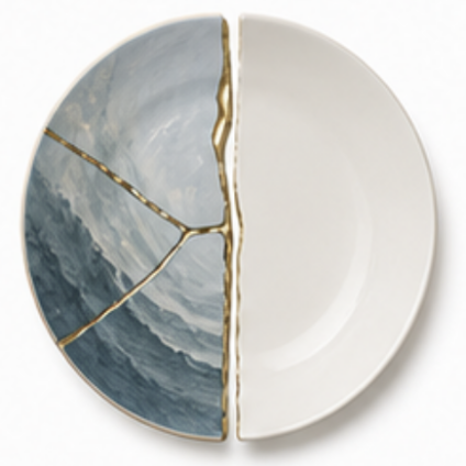 Bord met blauwe zee en witte helft door gouden scheur verbonden bij scheiding in Mijnsheerenland