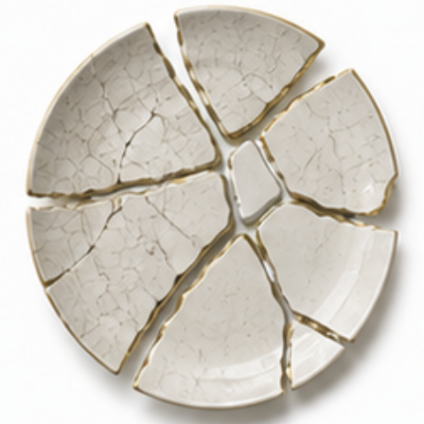 Bord in meerdere stukken met gouden kintsugi randen als symbool voor scheiding in Moerdijk