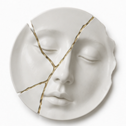 Bord met sculptuur van vrouwengezicht en gouden kintsugi scheuren bij scheiding in Nieuw-Beijerland