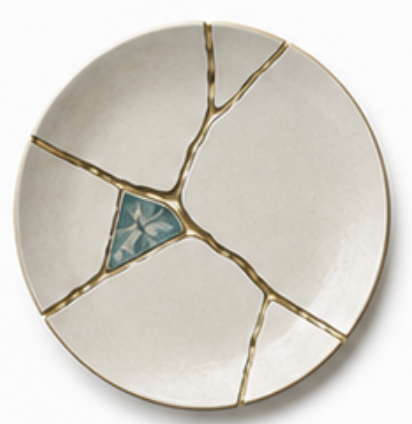 Bord met gouden kintsugi lijnen en turquoise stukje als beeld bij scheiding in Numansdorp