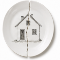 Bord met tekening van huis doormidden gescheurd als symbool voor scheiding in Ottoland