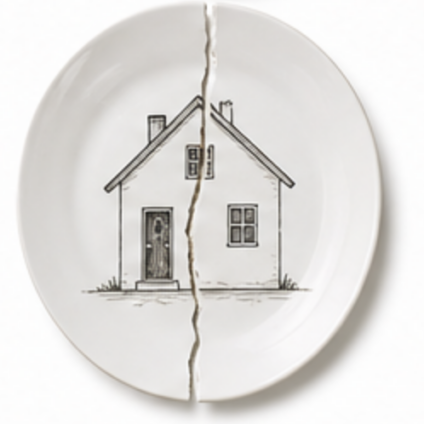Bord met tekening van huis doormidden gescheurd als symbool voor scheiding in Ottoland