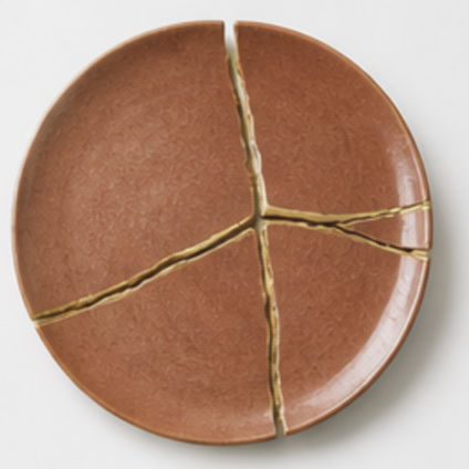 Terracotta bord met gouden kintsugi kruislijnen als beeld bij scheiding in Papendrecht