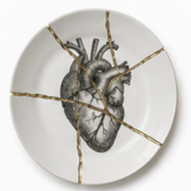 Bord met anatomisch hart en gouden kintsugi scheuren als symbool voor scheiding in Standdaarbuiten