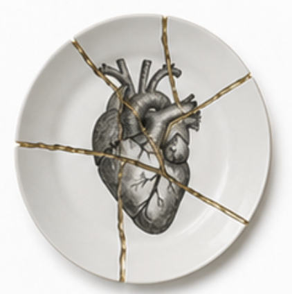 Bord met anatomisch hart en gouden kintsugi scheuren als symbool voor scheiding in Standdaarbuiten