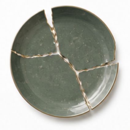Groen bord met gouden kintsugi lijnen in stukken als symbool voor scheiding in Stolwijk