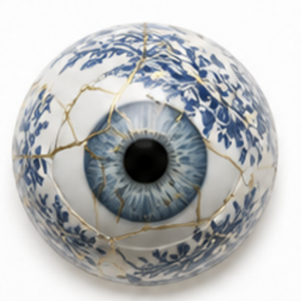 Delfts blauw object met oog en gouden kintsugi lijnen als beeld bij scheiding in Strijensas