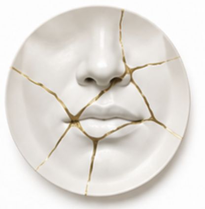 Bord met sculptuur van neus en lippen doorkruist door gouden kintsugi lijnen bij scheiding in Voorburg