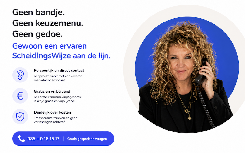 Belbutton met telefoonnummer om te informeren wat scheiden kost. Altijd ervaren mediator of advocaat aan de telefoon.