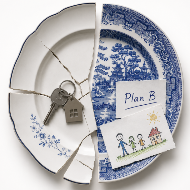 Gebroken bord met sleutels, Plan B en kindertekening als symbool voor scheiden, mediation en toekomstgerichte afspraken.