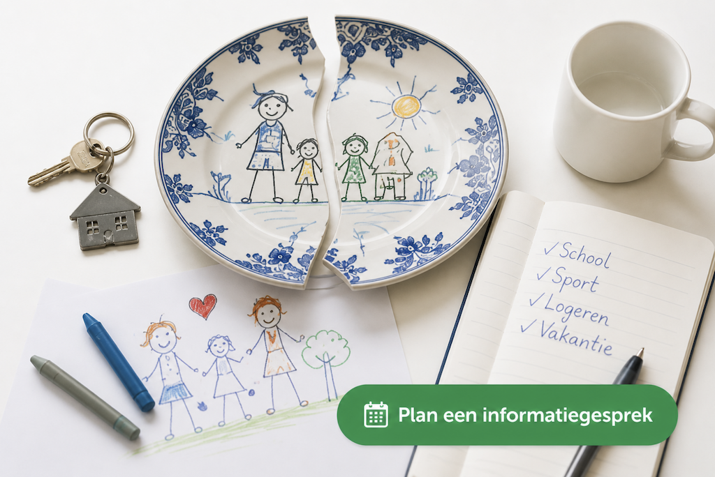 Gebroken Delfts blauw bord met kindertekeningen, sleutels en checklist als symbool voor scheiden met kinderen en ouderschapsafspraken.