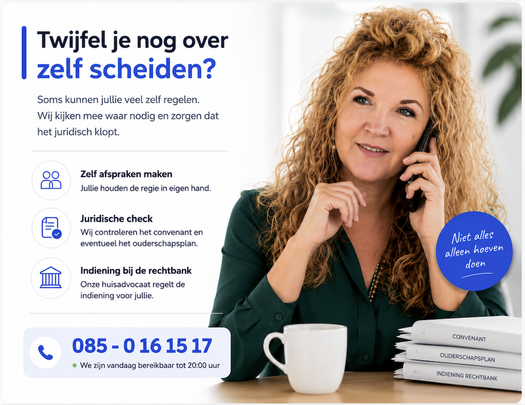 Mediator van ScheidingsWijze helpt stellen die zelf hun scheiding willen regelen met juridische controle en indiening bij de rechtbank.