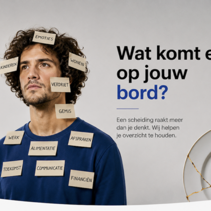 Man met briefjes vol emoties en zorgen na een scheiding in de stijl van ScheidingsWijze met de tekst: “Wat komt er op jouw bord?”