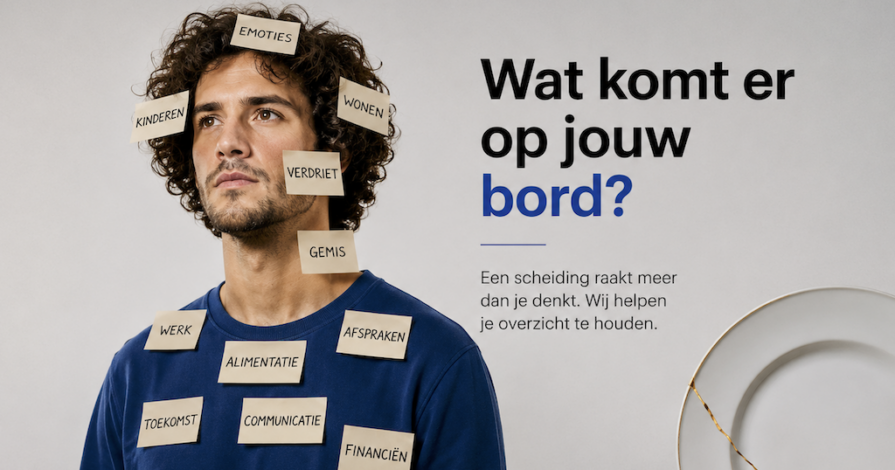 Man met briefjes vol emoties en zorgen na een scheiding in de stijl van ScheidingsWijze met de tekst: “Wat komt er op jouw bord?”