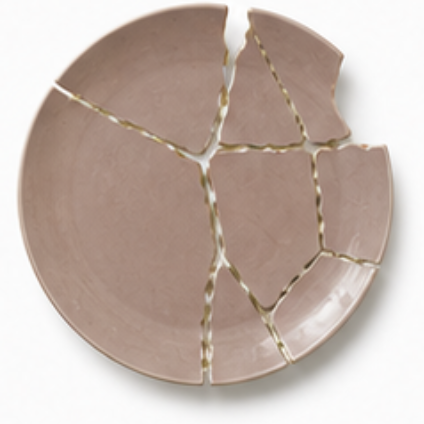 Zachtroze bord in meerdere stukken met gouden kintsugi-lijnen als symbool voor scheiding in Gulpen